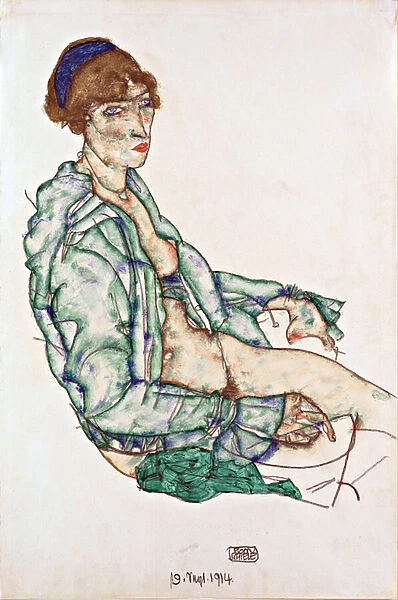 Sitting Semi-Nude with Blue Hairband - Schiele, Egon (1890-1918) - 1914 - Black chalk, Gouache on Paper - 47, 4x31, 3 - Leopold Museum, Vienna