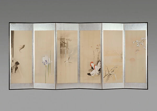 Six-fold screen depicting creatures and flowers of the twelve months, 1900