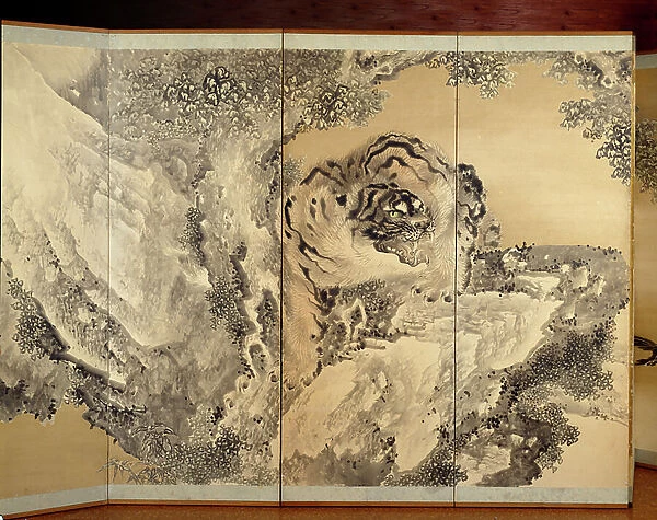 Six-fold screen depicting a roaring tiger, 1749-1838 (ink, light colour, and gold on paper)