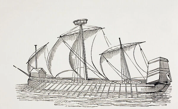 Sixteenth Century Three-Masted Galley with Square Sails, c. 1880 (litho)