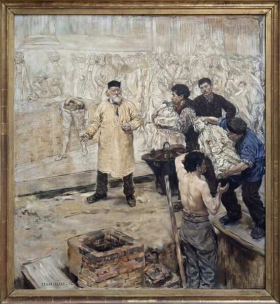 At the skater. Oil painting on canvas by Jean Francois Raffaelli (1850-1924), the founder Eugene Gonon (1814-1892) prepares the lost wax cast of the great relief made by Jules Dalou (1838-1902) for the Palais Bourbon in Paris (Chamber of Deputes)