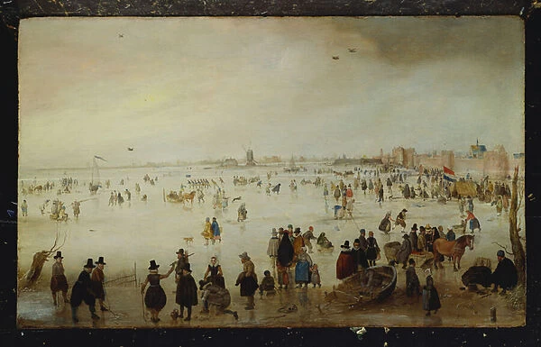 Skaters, golf players, elegant ladies and gentleman on frozen floodwaters by