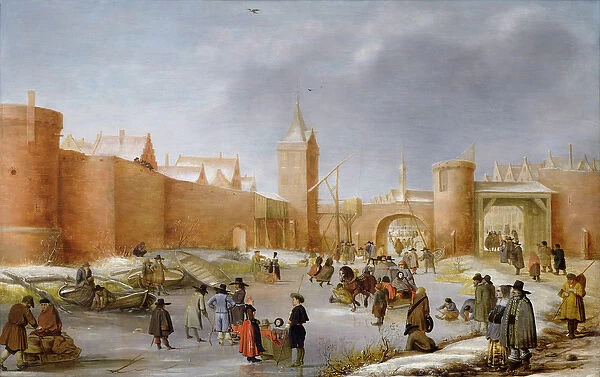 Skaters and Kolf Players Outside the City Walls of Kampen (oil on panel)