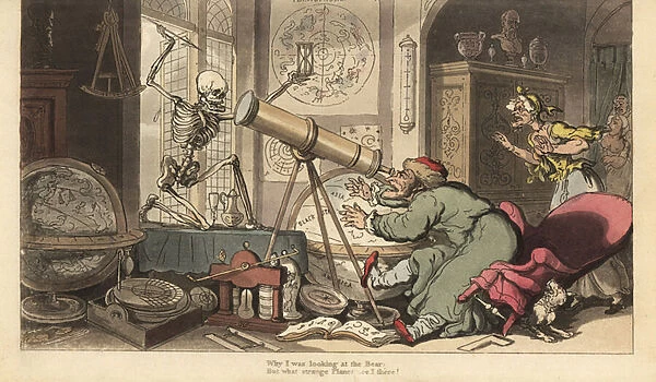 The skeleton of Death appears before the telescope of the old astronomer, causing him to fall out of his chair. Handcoloured copperplate drawn and engraved by Thomas Rowlandson from The English Dance of Death, Ackermann, London, 1816