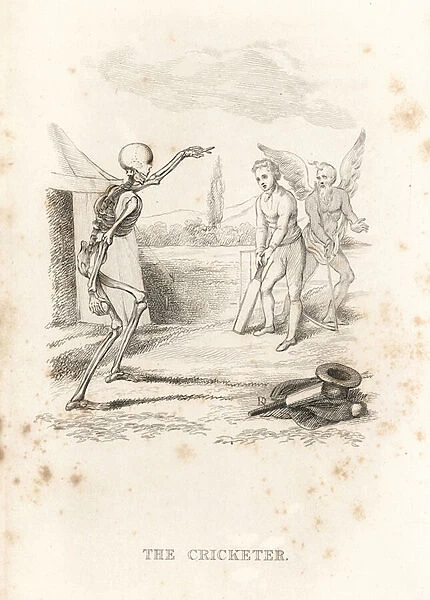 The skeleton of Death bowls a ball at a cricketer at bat. 1827 (engraving)