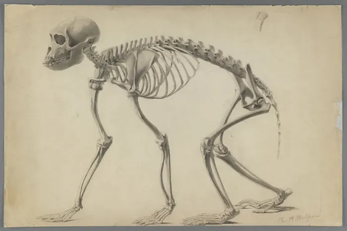 Framed Print : Skeleton of a primate (graphite on paper)