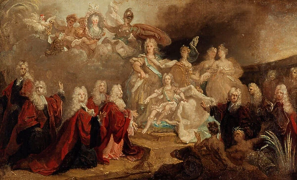 Sketch of the allegorical painting commissioned by the city of Paris for the engagement of Louis XV and the infanta Marie Anne Victoire of Spain, 1722 (oil on canvas)