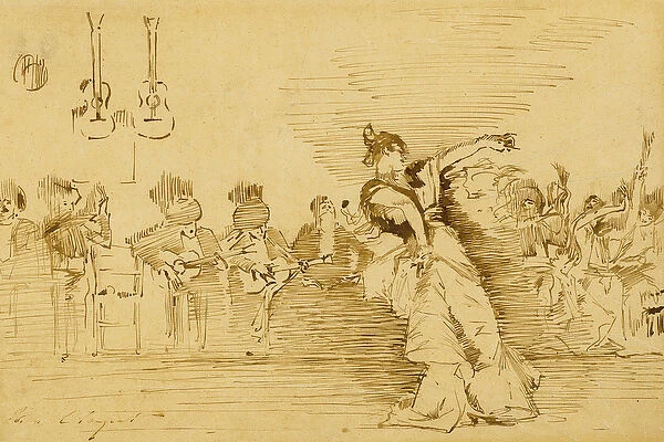 Sketch after El Jaleo, 1882 (pen & ink on paper laid down on paper)