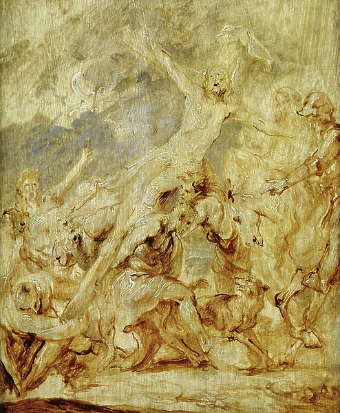 Sketch of the lifting of the cross, 1630 (oil & grisaille on wood)