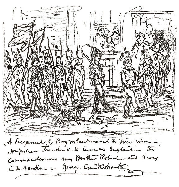 Sketch in pen and ink by George Cruikshank depicting his brother Robert heading a boy regiment, with himself in the front rank. Many of these boy regiments were formed at the start of the 19th century when an invasion of England by Napoleon was