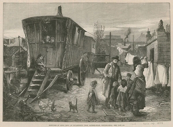 Sketches of Gipsy Life; An encampment near Latimer Road, Notting Hill (engraving)