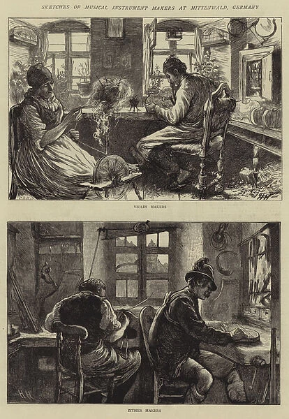 Sketches of Musical Instrument Makers at Mittenwald, Germany (engraving)