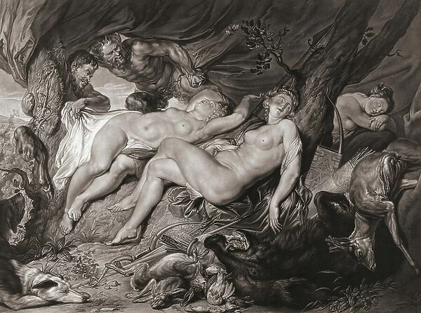 Sleeping Diana and her nymphs spied on by satyrs. (print)
