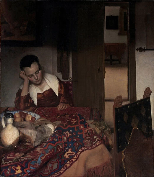 A Sleeping Girl - Painting by Johannes Vermeer (Vermeer de Delft) (1632-1675)