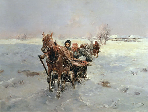 Sleighs in a Winter Landscape (oil on canvas)