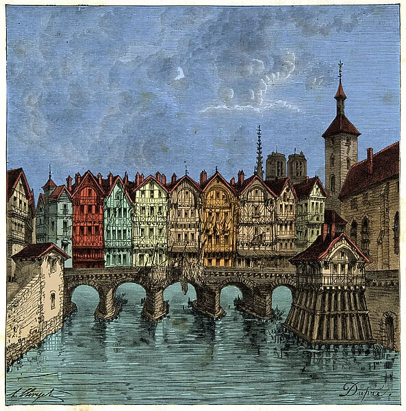 The small bridge that was later the Pont au Change in Paris in the Middle Ages
