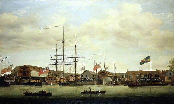 A small shipyard on the Thames (England), with two boats under construction. Oil on canvas, 1760-1790, by Francis Holman (1729-1784)
