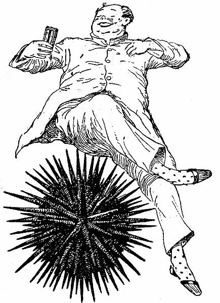 Smiling man sitting on a sea urchin with quills planted in his buttocks, 1917 (illustration)