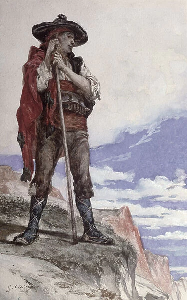 Smuggler in the Pyrenees (colour litho)
