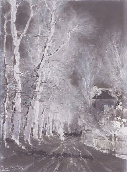 A snow covered path in winter (oil on panel)