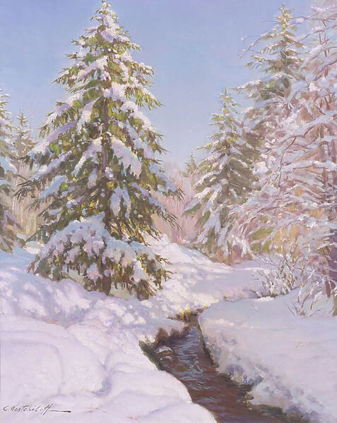 Snow scene in France (oil on canvas)