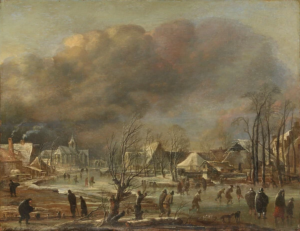Snowfall on a Village beside a Frozen Canal, 1630-77 (oil on panel)