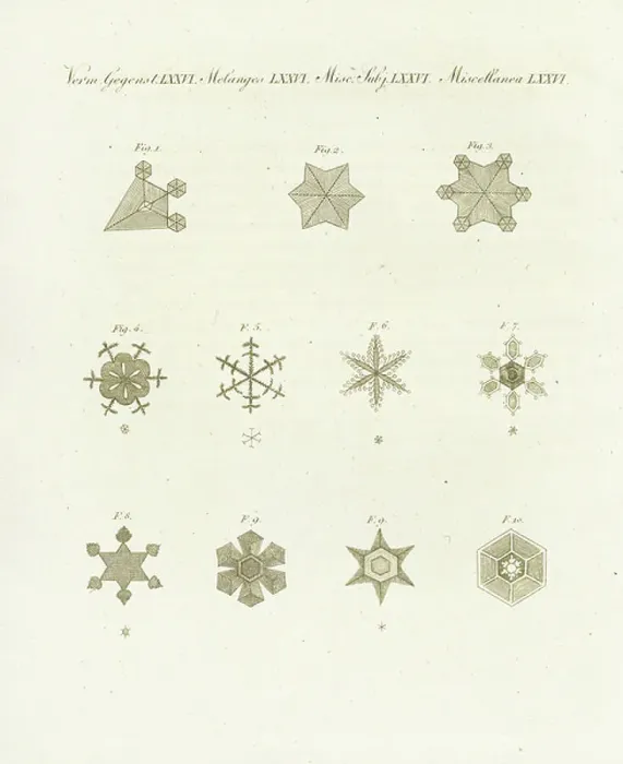 Framed Print : Snowflakes seen under the microscope - Snowflake crystals under the microscope. Handcoloured copperplate engraving from Bertuch's Bilderbuch fur Kinder (Picture Book for Children), Weimar, 1807