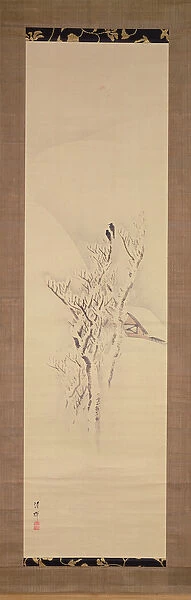 Snowy landscape with crows in tree, c. 1820-50 (ink and colours on paper)