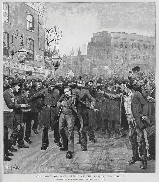Socialist orator being taken to the police station after making a speech at the Worlds End inn, Chelsea, London (litho)