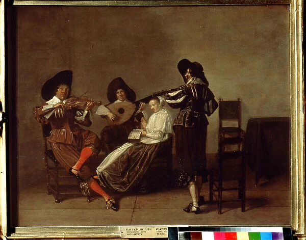 'Soiree musicale'(musical evening) Trois musiciens et une jeune femme (au chant). Peinture de Pieter Codde (1599-1678) 17eme siecle Musee Pouchkine, Moscou