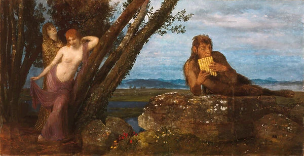 'Soiree de printemps'(Spring Evening) Pan joue de sa flute, allonge sur un rocher, tandis que deux nereidess appuient lascivement contre des troncs - Peinture d Arnold Bocklin (1827-1901) 1879 Szepmuveszeti Muzeum
