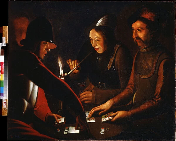 Soldats jouant aux cartes. Soldiers Playing Cards. Peinture de l entourage de Georges de La Tour (1583-1652). Huile sur toile. Regional A. Deineka Art Gallery, Kursk (Koursk), Russie