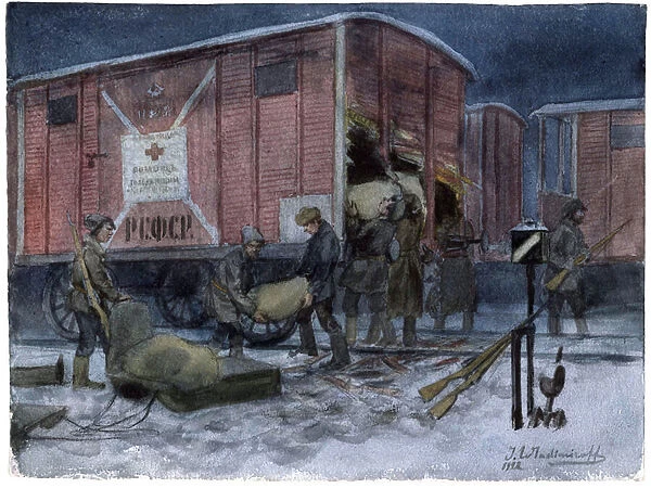 Soldats pillant un wagon de chemin de fer - Soldiers plundering a railway wagon (from the series of watercolors Russian revolution) - Vladimirov, Ivan Alexeyevich (1869-1947) - 1922 - Watercolour on paper - 25, 8x34, 1 - Private Collection