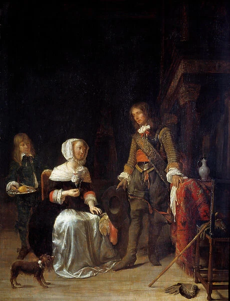 A soldier visiting a young girl Painting by Gabriel Metsu (1629-1667) 17th century Sun