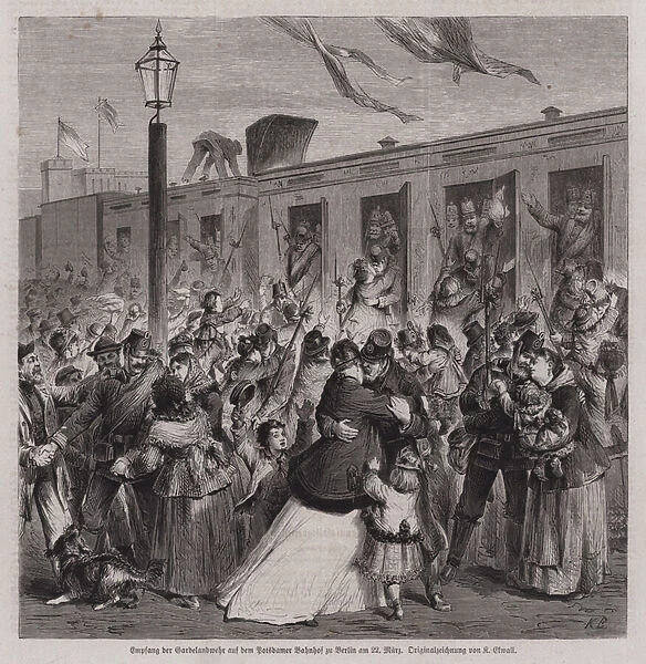 Soldiers of the Prussian Gardelandwehr welcomed at Potsdam Station, Berlin, on their return from the Franco-Prussian War, 22 March 1871 (engraving)