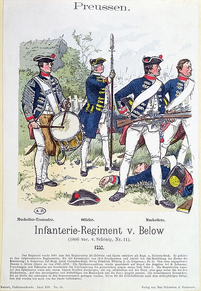 Soldiers from the Prussian Infantry Regiment von Below in 1757, c. 1890 (colour litho)