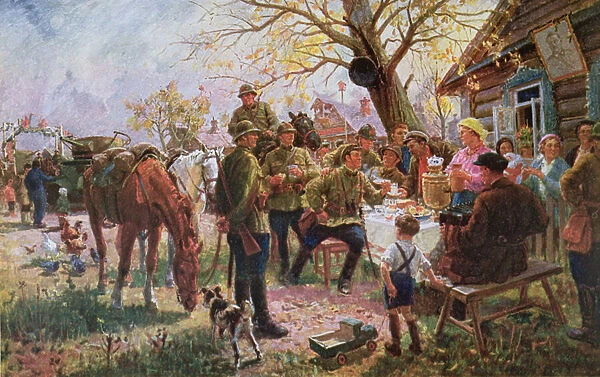 Soldiers of the Red Army on manoeuvre receive a welcome and rest at a Kolkhoze, 1937 (colour litho)