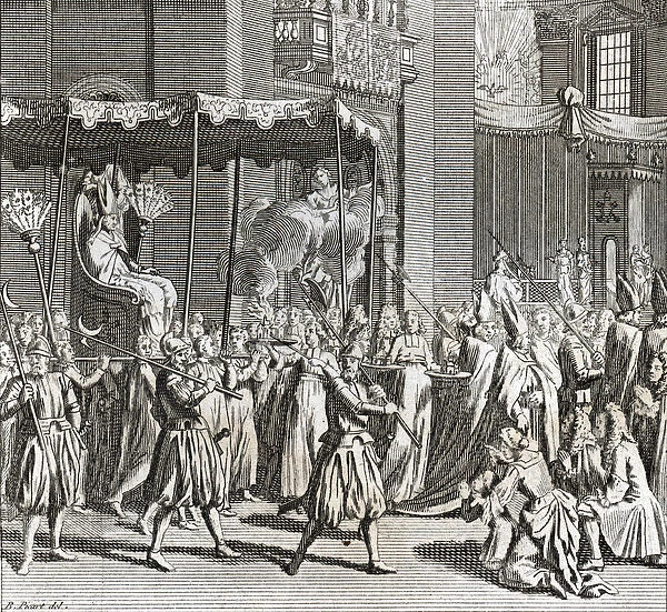 Solemn Inauguration of the Pontificate: the burning of a cloth) Engraving from '