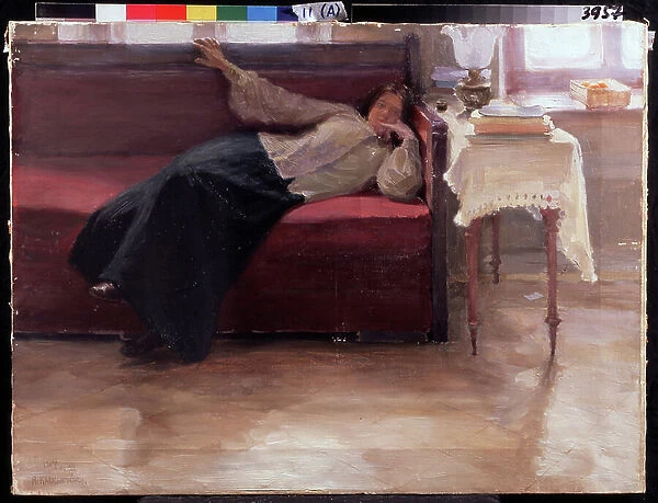'Songes' jeune fille pensive allongee sur un divan. Peinture de Jakov Kalinichenko (1869-1938) 1904 State Regional I. Pozhalostin Art Museum, Ryasan