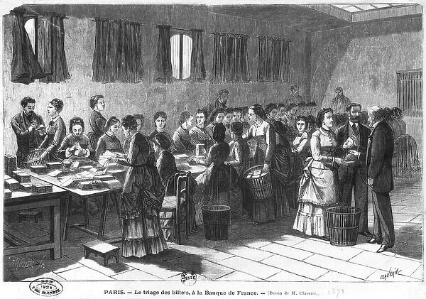 Sorting out the banknotes at the Paris Bank of France, engraved by F. Mollet (19th century) 1897