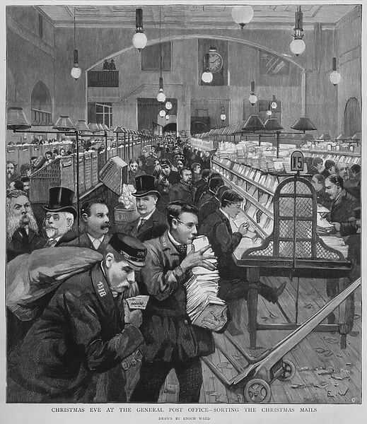 Sorting the Christmas mail at the General Post Office, London, Christmas Eve, 1892 (litho)