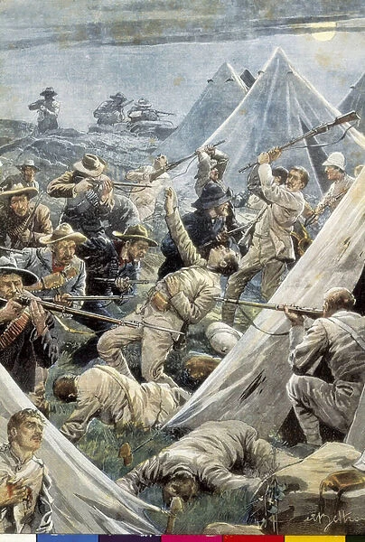 South Africa. Second Boer War. Attack to the English camp of Tweefontein (1902). Illustration by Achille Beltrame. Engraving