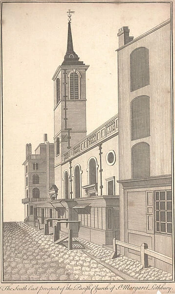 The South East Prospect of the Parish Church of St. Margaret Lothbury, c. 1750 (engraving)