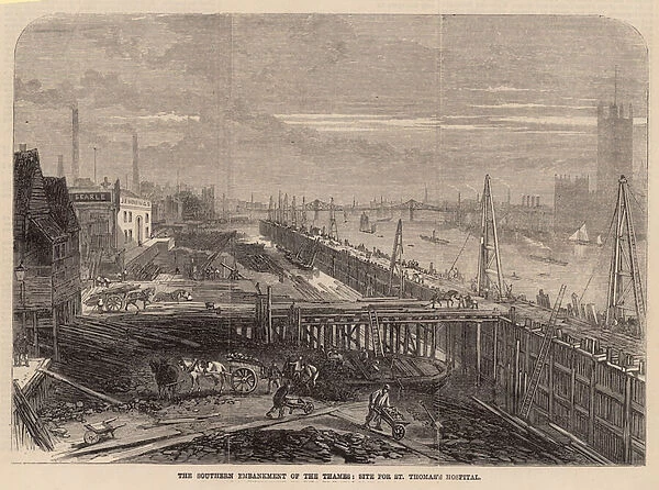 The southern Embankment of the Thames; site for St Thomass Hospital (engraving)