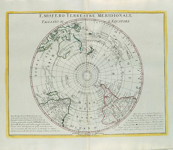 Southern Hemisphere of the Earth cut at the equator, engraving by G. Zuliani taken from Tome I of the 'Newest Atlas'published in Venice in 1779 by Antonio Zatta