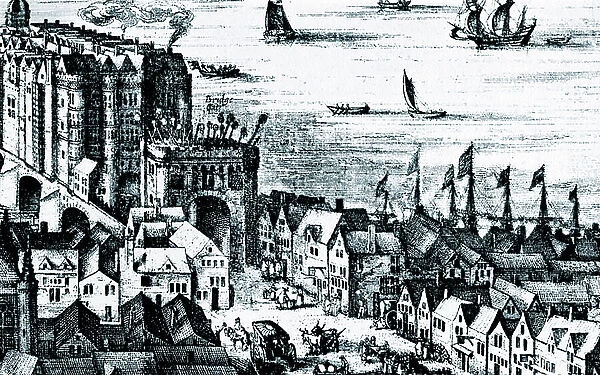 The Southwark end of old London Bridge, 1616 (engraving)
