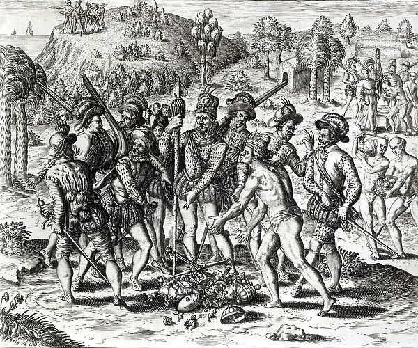 Spaniards receiving gifts from Indians, from History, 1598, engraved by Theodor de Bry