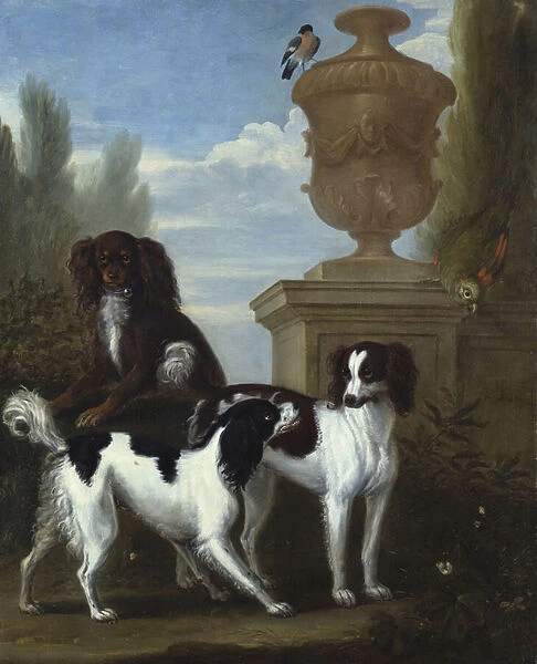 Three Spaniels by an Urn in a Wooded Landscape (oil on canvas)