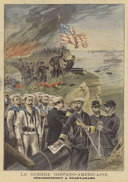 The Spanish-American War: the Americans landing at Guantanamo Bay (colour litho)