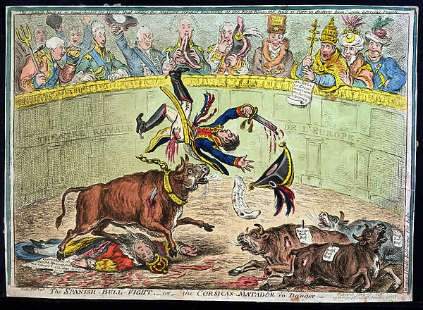The Spanish Bull Fight, or The Corsican Matador in Danger, published by Hannah Humphrey in 1808 (hand-coloured etching)
